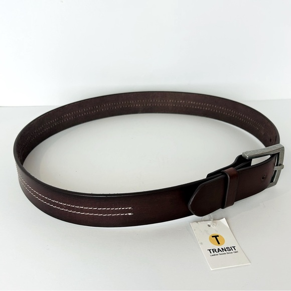 Transit Leather Brown White Stitch Silver Tone Buckle Leather Jean Belt 34 NWT - Picture 3 of 5
